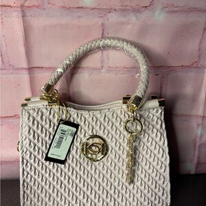 bebe Light Pink Woven Satchel with Gold Hardware